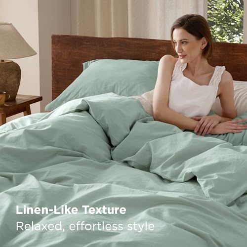 Bedsure 100% Washed Cotton Duvet Cover Queen Size - Sage Green Minimalist Cotton Duvet Cover Linen Like for All Seasons - GentleSoft™ Plain Simple Bedding (Sage Green, Queen, 90"x90")