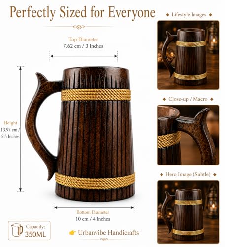 Image of Handmade Wooden Beer Mug, Wood with Sheesham Finish, Barrel Style, Lightweight & Durable, for Craft Beer, Home Bar, Cafe, Party, Gift(350ml) (Thin Verticle line)