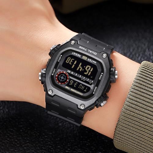 Mens Digital Watch Men Waterproof Watches for Men Dual Time Watch with Date Alarm Chronograph Sports Watch Teenage Boys, All Black, M142.H4