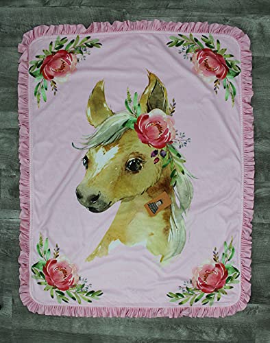 Image of Dear Baby Gear Baby Blanket - Double Layer Blankets - Newborn Blanket for Girls - Nursery Cover for Infant Crib - Faux Quilt Soft Toddler - Horse with Roses Pink Print - 40x30