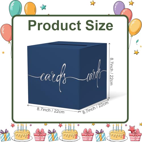 Image of Navy Blue Card Box with Silver Foil Design, Paperboard 8.7 inch Card Box for Birthday Wedding Party Graduation Retirement Anniversary Valentine's Day & Baby Showers, Raffle or Money Box