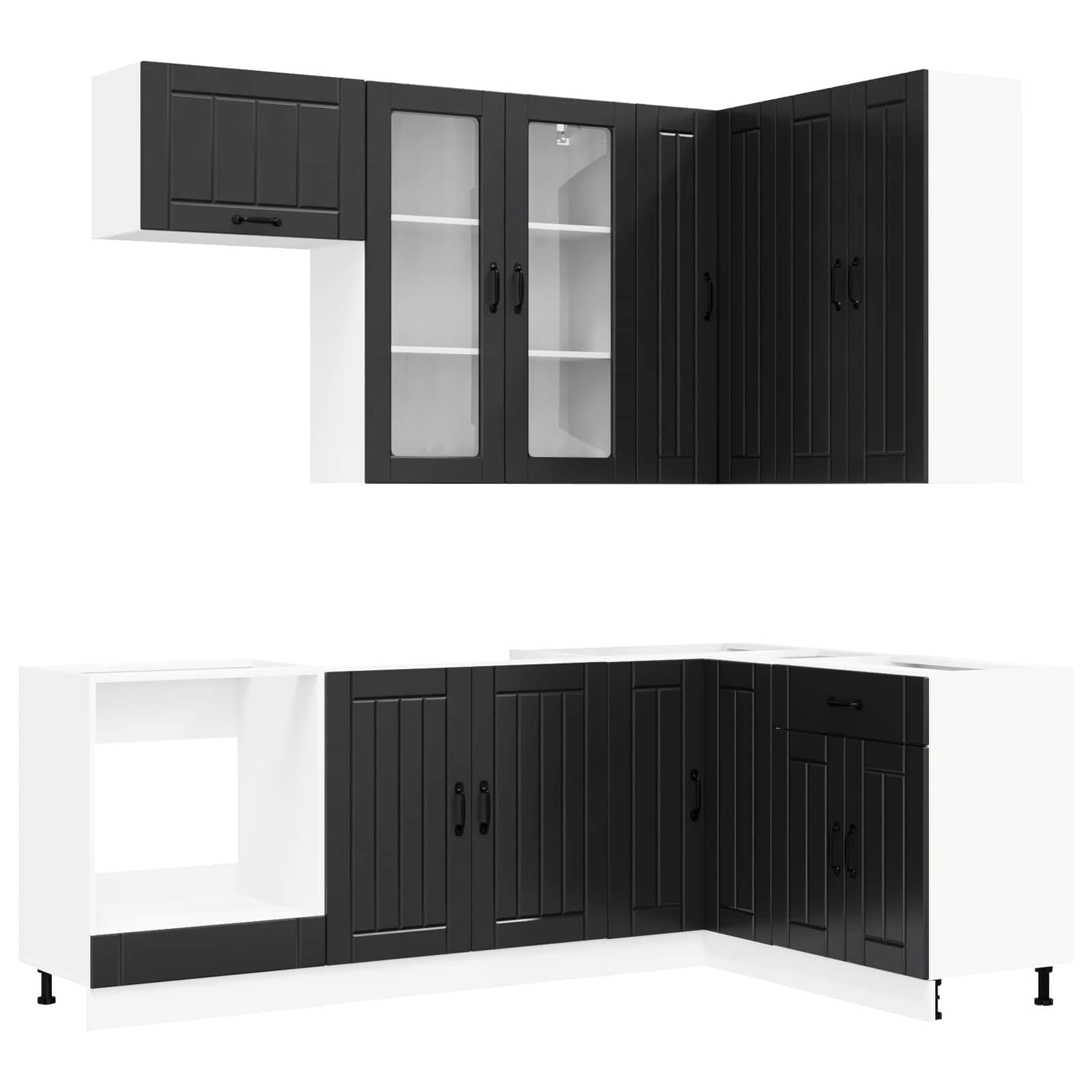 8-teilige Küchenzeile Lucca Schwarz Holzwerkstoff Einbauküche | Modernes Küchenschrank-Set für Küche und Esszimmer mit viel Stauraum, Glaselementen und verstellbaren Standfüßen.