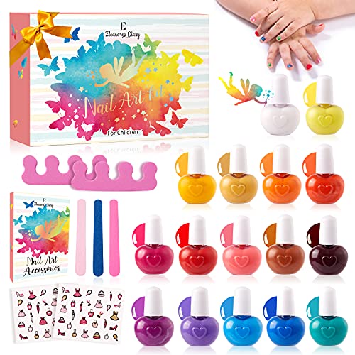 Kids Nail Polish Set for Girls, Eleanore's Diary 16X 5ml Non-Toxic Tearable Safe Quick Dry Nail Polish, Nail Files, Toe Separators, Nail Stickers, Carnival Birthday Gifts Toys Kit for 3+ Kids