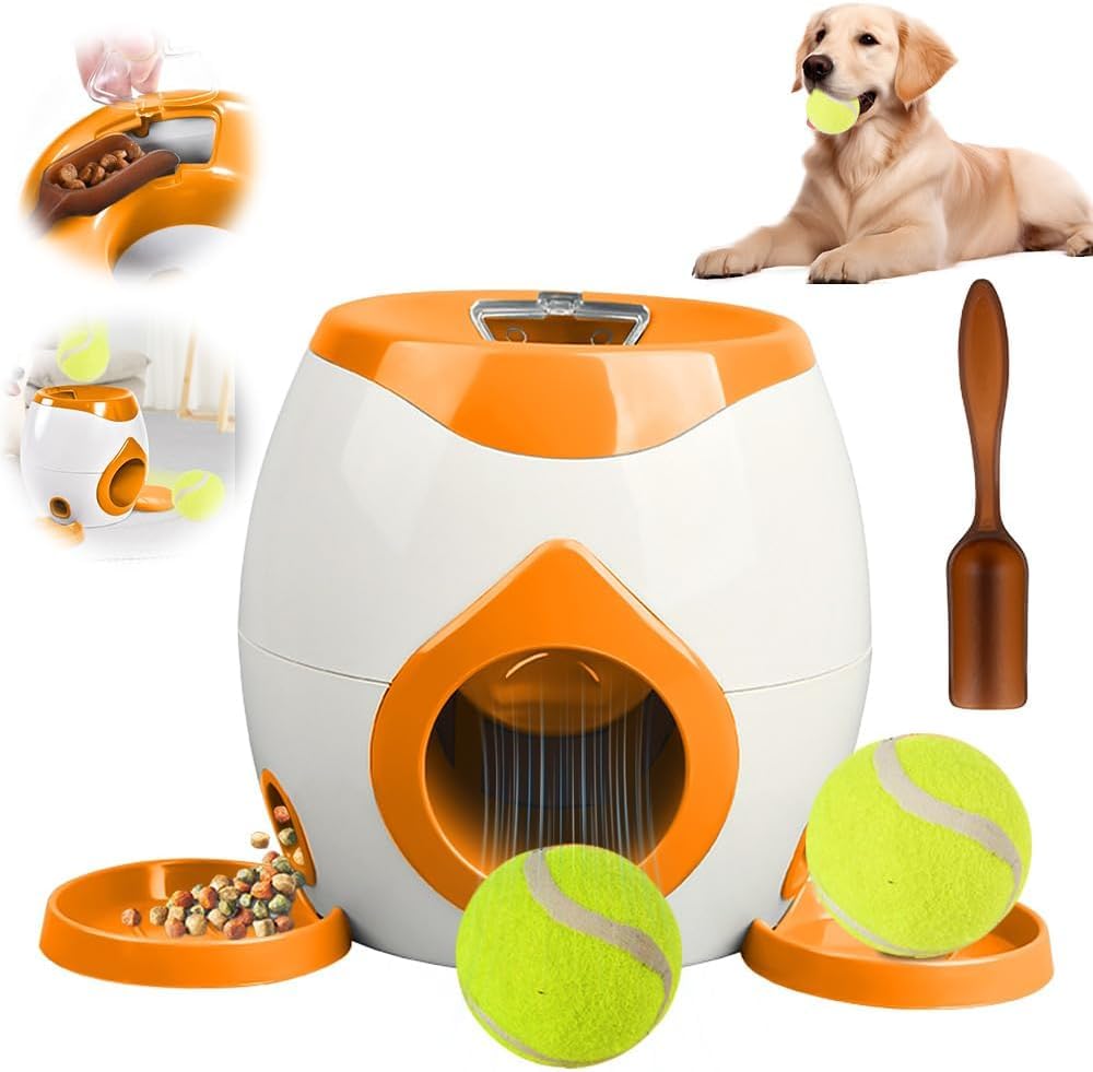 Dog Tennis Ball Food Reward Machine, Interactive Puzzle Toy with Slow Food Dispenser, Outdoor Training Toys Ball Launcher for Medium/Large Dogs, Exercise Mental Stimulation (Orange)