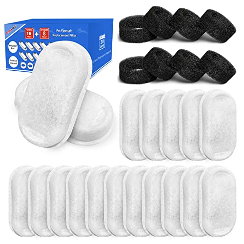 TOMXCUTE Replacement Filter for Stainless Steel Cat Water Fountain 16 pcs Carbon Filter & 8 pcs Pre-Filter Sponge