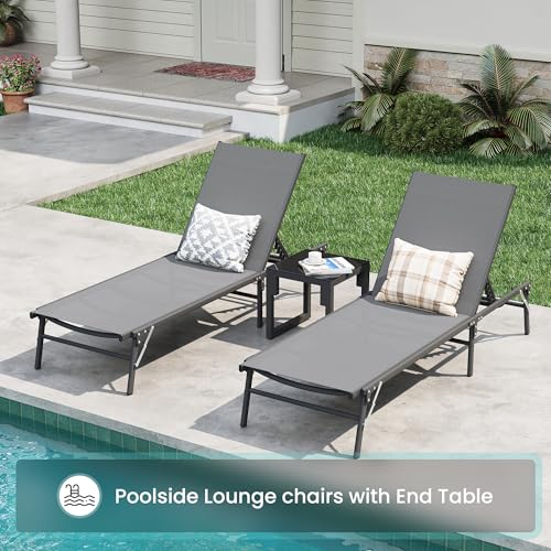 Image of Amopatio Foldable Patio Lounge Chairs Outdoor Portable Pool Chaise Lounge Set of 2 with Side Table for Outside, Weather Resistant, 5-Position Adjustable Backrest, 400 LBS Capacity,Gray