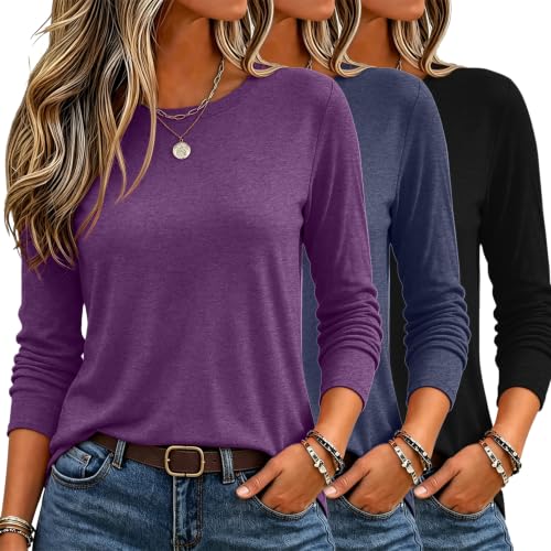 Zeagoo Long Sleeve Shirt for Women Clothing 3 Pack Crewneck Tshirt Baic Tee