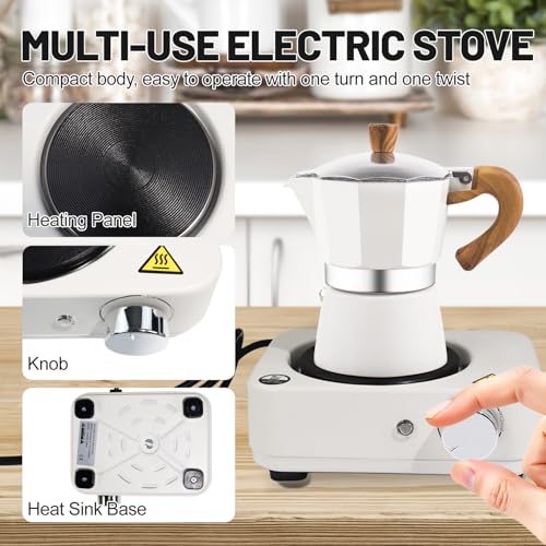 Image of DITOSH 4-in-1 Moka Pot Espresso Set with Electric Stove 3 Cup Aluminum Stovetop Coffee Maker Percolator Italian Classic Mocha Coffee Machine with Powder Dispenser Filter Paper Portable Camping White