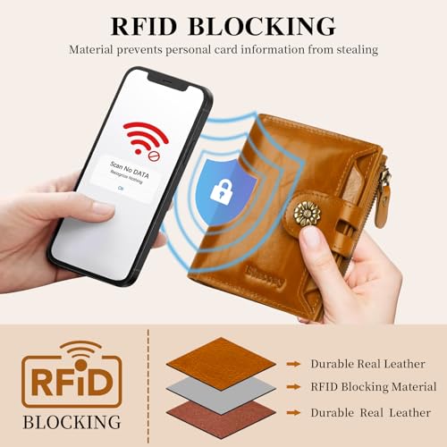 Image of Leather Wallet Women,RFID Blocking Womens Wallet Bifold Compact Card Holder Small Wallet for Women with Removable ID Window LightBrown