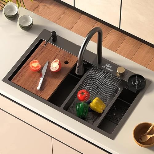 Image of CROCODILE Nano Black Single Bowl Smart Kitchen Sink, 304-Grade Stainless Steel, 30x18x9 inches, Matte Black Finish, with Integrated Waterfall, Cup Washer, Drain Basket, RO Tap and Pull Out Faucet