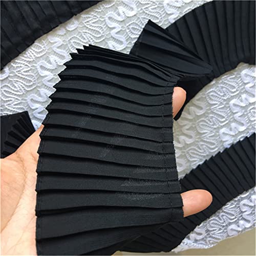 Panchitalk 3 Meters Pleated Lace Trim Chiffon Ruffled Garment Skirt Hem Fabric Vintage White Edging Trim 7Cm Width (Black) #TOP1