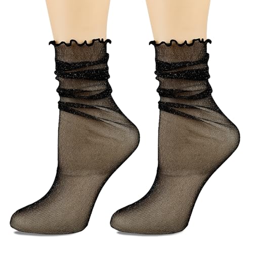 1Pack Women's Sheer Socks，Ruffle Sock,Glitter Slouch Sock,Frilly Metallic Sparkle Soft Tulle Socks Girls Gifts
