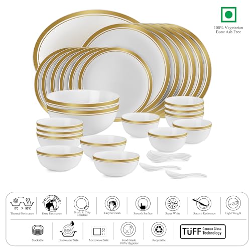 Image of Cello Opalware Divine Gold Lines Dinner Set, 33 Units | Microwave & Dishwasher Safe | Light-Weight & Thermal Resistant | Crockery Set for Dining & Gifting
