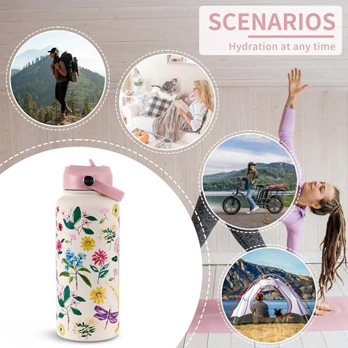 Goetland Flowers Water Bottle Beverage Bottle with Straw Lid 32 oz Stainless Steel Wide Mouth Vacuum Insulated Cute UV Printing Leak Proof For Women Girls Kids Little Pink