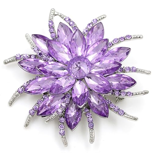 Rhinestone Large Flower Brooches Pins for Women Fashion Sparkly Crystal Sunflower Statement Brooch Unique Wedding Party Suit Dress Jewelry Accessories (Purple2)