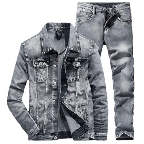 Men's Denim 2-Piece Suit Slim Casual Turn-Down Collar Denim Jacket Top Jeans Suit