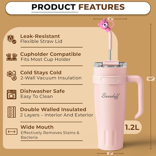 Image of Insulated Tumbler with Straw Lid and Handle (1200 ML) Double Wall Sipper Water Bottle for Adults, Tumbler Bottle with Straw (Pastel Rosette, 1200 ML, with Bear Straw Cover)