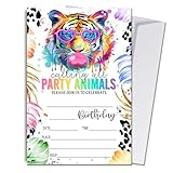 Wybgno Party Animals Birthday Invitations, 20 Pieces Tiger Rainbow Print Invite Cards With Envelopes, Wild Jungle Animal Zoo Safari Birthday Invite for Girls, Birthday Party Supplies (4×6 inch) C14