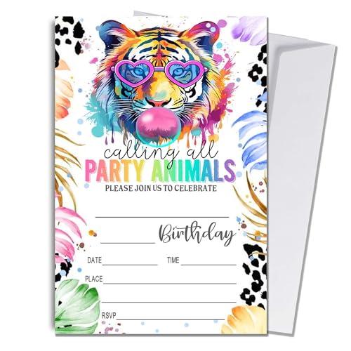 Wybgno Party Animals Birthday Invitations, 20 Pieces Tiger Rainbow Print Invite Cards With Envelopes, Wild Jungle Animal Zoo Safari Birthday Invite for Girls, Birthday Party Supplies (4×6 inch) C14