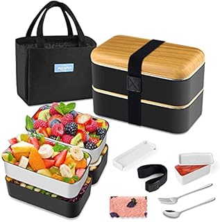 HOLIPOT Bento Box Japanese Lunchbox 2 Tier Lunch Box with 4 Pcs Eco-Friendly PP & Stainless Steel Containers, Fork Spoon Compartments for Women Men Adults and Kids Meal Prep, Snack Packing ( BPA Free)