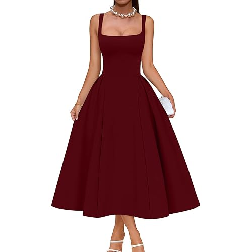 Memoriesea Women's Elegant Square Neck Swing A Line Wedding Evening Party Midi Dress
