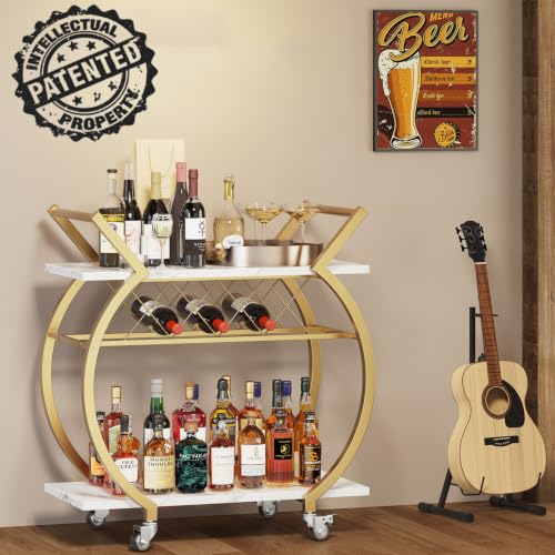 Image of LVB Gold Bar Cart with Wheels, Modern White Marble Home Bar Serving Cart | Drink Cart with Wine Rack, Metal Wooden Beverage Cart, Rolling Kitchen Cart for Home Dining Room,Gold White Marble