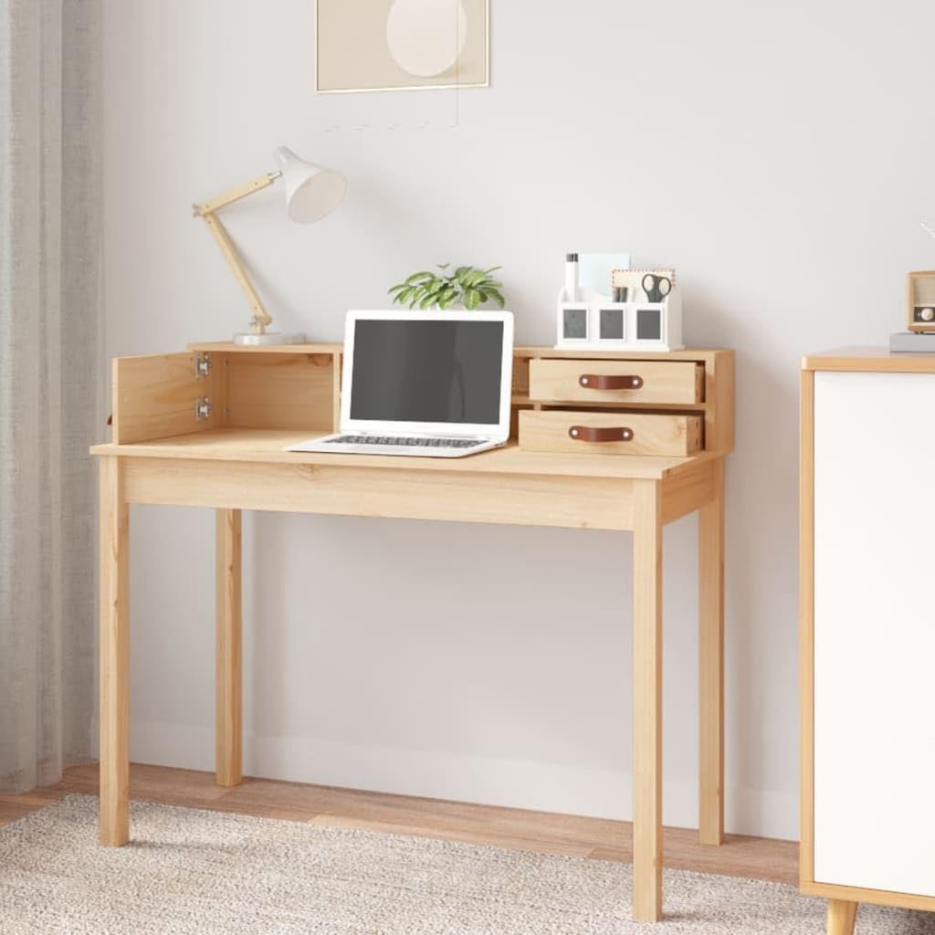Scrivania in legno di pino massiccio, 110 x 50 x 93 cm, compatta, da ufficio, segretario per casa, ufficio, studio, con spazio di archiviazione e struttura stabile