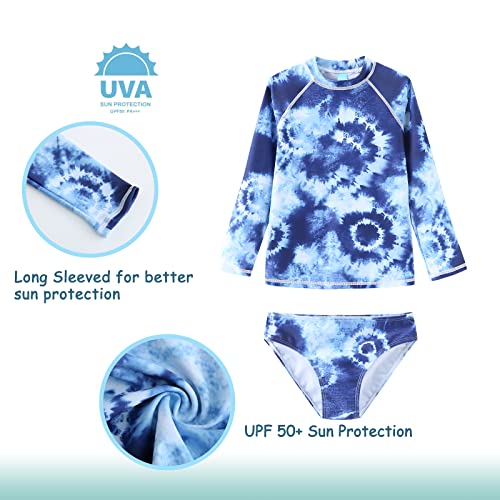 Girls Long Sleeve Rash Guard Set Tie Dye Bathing Suits Two Piece Swimsuits for Kids Swim Shirts 3-16 Years3