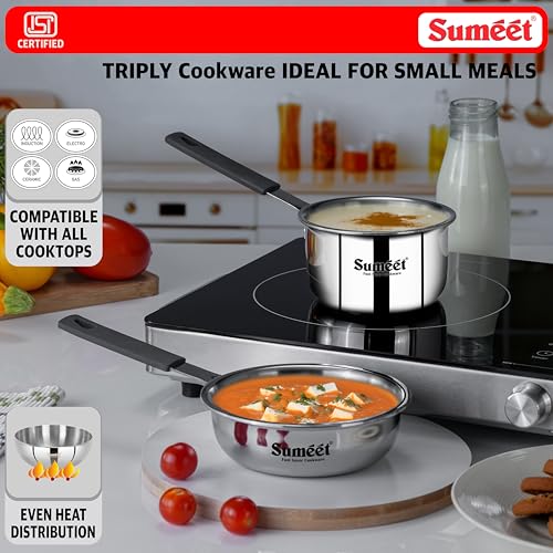Image of Sumeet Cook Smart ISI Certified Tri-Ply (Steel - Aluminium - Steel) Set of 3 Pcs Mini FryingTadka Pan 400ml - SauceTadka Pan 450ml with Silicon Grip | Induction & Gas Friendly | 2.5mm Thick, Silver
