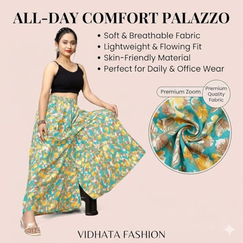Image of Viscose Rayon Flared Printed Plazzo Palazzo Pants, Loose /Relaxed Fit Regular, Office Wear, Casual Wear Comfortable, Trouser Pants for Girls & Women Black Kerri Design (S to 3XL Size)
