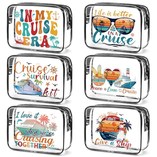 Falueqg Cruise Ship Essentials Must Haves, 6Pcs Clear Makeup Bags, Cruising Survival Kit, Waterproof PVC Cosmetic Bag with Zipper Travel Vacation Pouch, Cruise Accessories Gifts for Women Girls