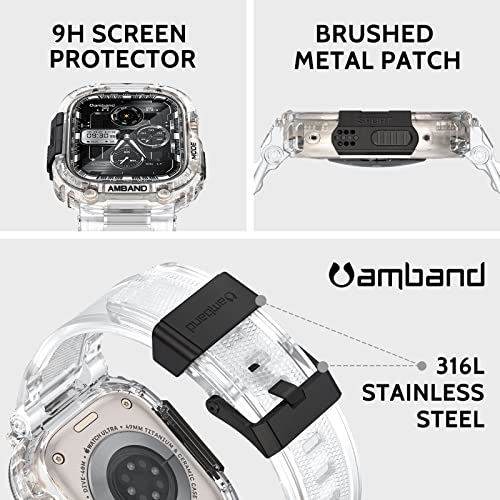 Image of amBand Bands Case Screen Protector Compatible with Apple Watch Ultra 3 /2 /1 49mm, M1 Sport Series Rugged Cover Strap and 9H Tempered Glass Film, Military Protective Bumper for iWatch 49 mm Men Clear