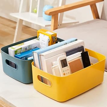 Set of 3 Small Plastic Storage Baskets, Office Home and Kitchen Tidy Organiser, For organizing stackable storage boxes with handles,19 x 13.5 x 7.5cm, (yellow)