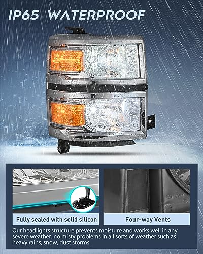 Image of Nilight Headlight Assembly for 2014 2015 Chevy Silverado 1500 Pickup Truck | Replacement Headlamp Chrome Housing Amber Reflector Driver and Passenger Side