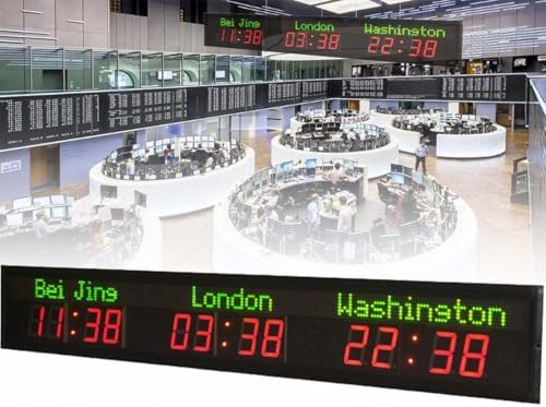 ワールドタイムゾーン時計、3/4/5タイムゾーン対応デジタルLED壁掛け時計、5段階明るさ調整、グローバルタイムゾーンデジタル表示、