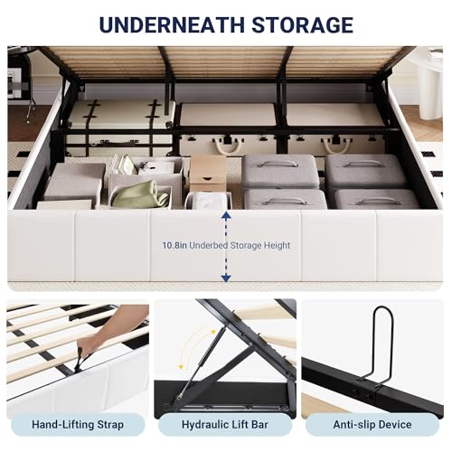 Image of Allewie King Size Velvet Lift Up Hydrualic Storage Bed Frame, White