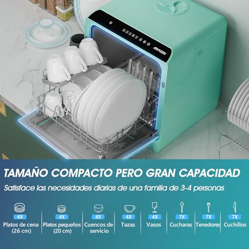 Miniatura 6 de Airmsen Mini Lavavajillas De Sobremesa Con 5 1 Programas, Depósito De 5 Litros, 2 Formas De Suministro De Agua, Control Táctil Y Pantalla Led, Ideal Para Cocinas Familiares, Apartamentos, Verde