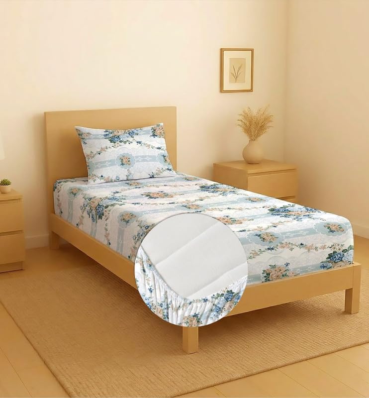 Image of Premium Cotton Elastic Fitted Bedsheets with 1 Pillow Covers |Floral Printed Single Bed Elastic 220 TC Supersoft Breathable & Wrinklefree | for 72x36+6 Inches, Blue Vintage