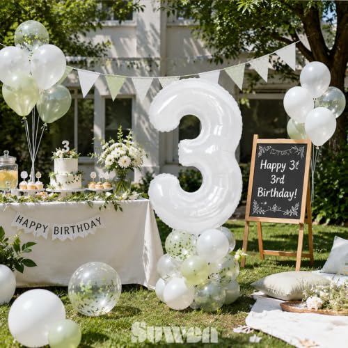 Image of SUWEN 40 Inch White Large 3 Balloon Number Big Foil Helium Number Balloons 0-9 Giant Jumbo Happy 3rd Birthday Party Decorations for Men or Women Huge Mylar Anniversary Party Supplies