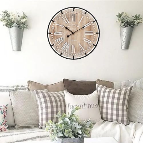 Image of EMAX HOME 20 Inch Large Farmhouse Wall Clock, Rustic Antique Wood with Metal Circle and Large Engraved Numerals, Silent Battery Operated Wall Clock for Office Kitchen Bedroom Living Room