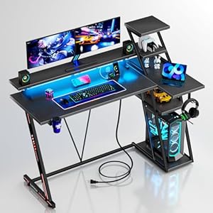 40 Inch Gaming Desk with LED Lights & Power Outlet, Small Gaming Computer Desk with Storage Shelves, L Shaped Gamer Workstations with Monitor Stand for Bedroom, Carbon Fiber Black
