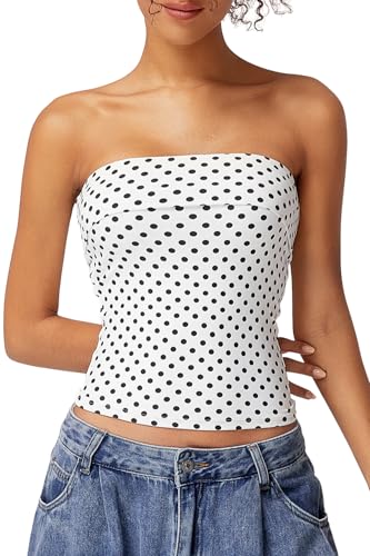 QINSEN Summer Women's Tube Top Strapless Going Out Foldover Double Lined Y2K Basic Tank Tops White Polka Dots S