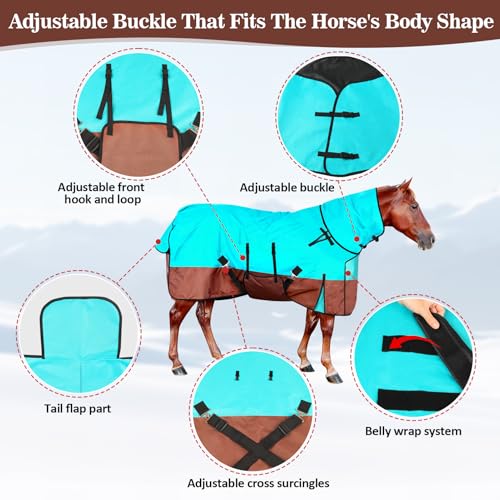 72\" Waterproof Breathable Horse Blanket (No Fill), 600D Oxford Cloth Winter Turnout Rain Sheet with Removable Neck Cover, Windproof Tail Flap and Belly Wrap, Suitable for Stables, Pastures, Paddock - Thumbnail 7