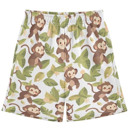 Boys Athletic Shorts with Pockets Monkey & Leaf Running Basketball Shorts for Youth Elastic Waist Size 7-8