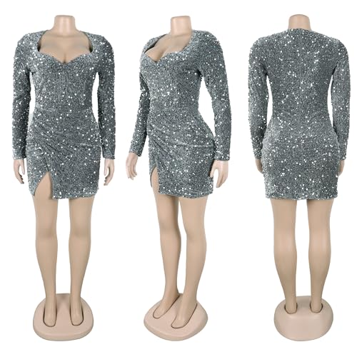 Image of Jigfar Women's Sexy Elegant Rhinestone Deep V Neck Bodycon Birthday Party Club Night Mini Dress(FK3365,Grey,L)