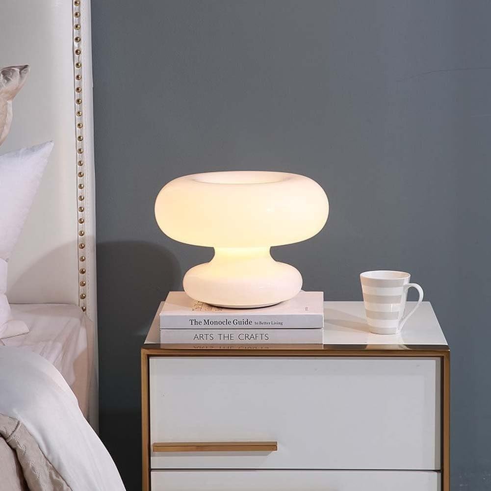 AoLa LED Donut Tischlampe Pilz Tischleuchte mit Kabel und Schalter Weiß Glas Lampenschirm Rund Deko Nachttischlampe Moderne Design Nachtlicht für Wohnzimmer Schlafzimmer Kinderzimmer WarmWeiß