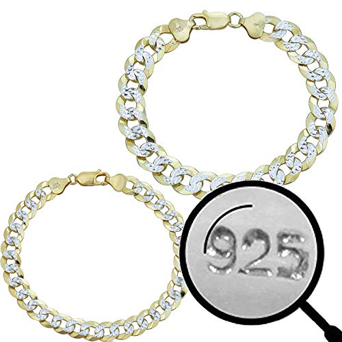 HarlemBling Mens Or Ladies Cuban Link Bracelet - 14k Yellow Gold & Solid 925 Sterling Silver Two Tone Diamond Cut - 5mm 6mm 8mm 10mm - 7-9