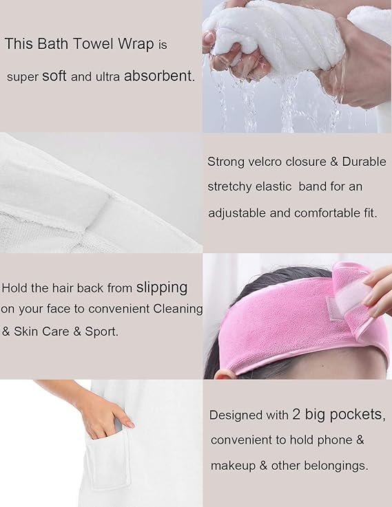 Image of Veseacky Women Bath Wrap Towel for Womens Shower with Pocket Adjustable Spa Robe & Facial Headband