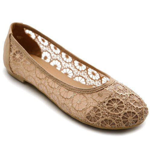 Ollio Women's Ballet Shoe Floral Lace Breathable Flat ZM1022(7.5 B(M) US, Beige)