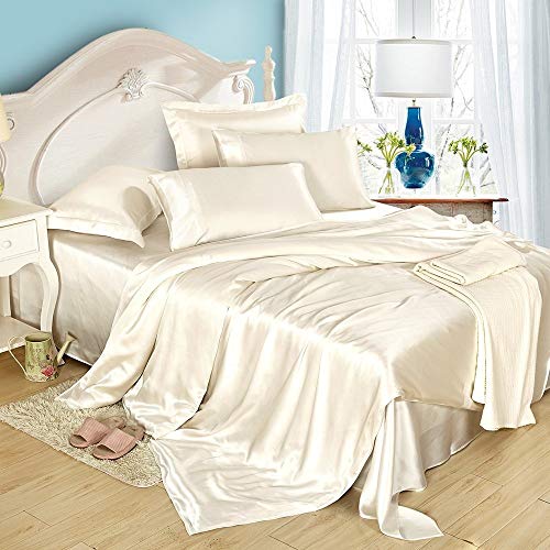 LilySilk Mulberry Silk Sheets 4 Piece, 19 Momme, King Size - 1 Flat Sheet, 1 Fitted Sheet & 2 Oxford Pillowcases, 100% Top 6A Grade Oeko-Certified, Ivory